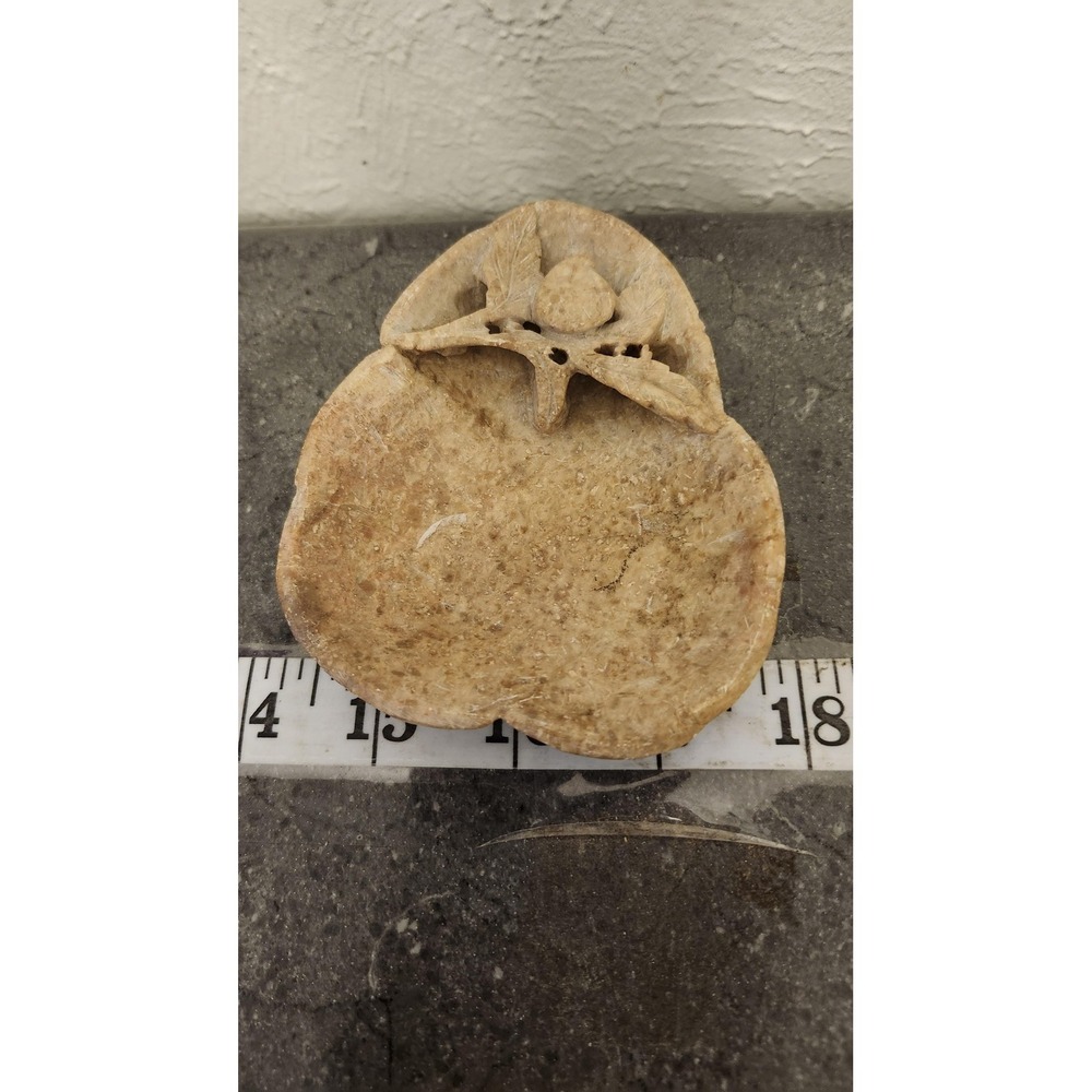 Vintage Carved Stone Trinket Dish Leaf Fruit Motif Small Decorative Bowl Altar